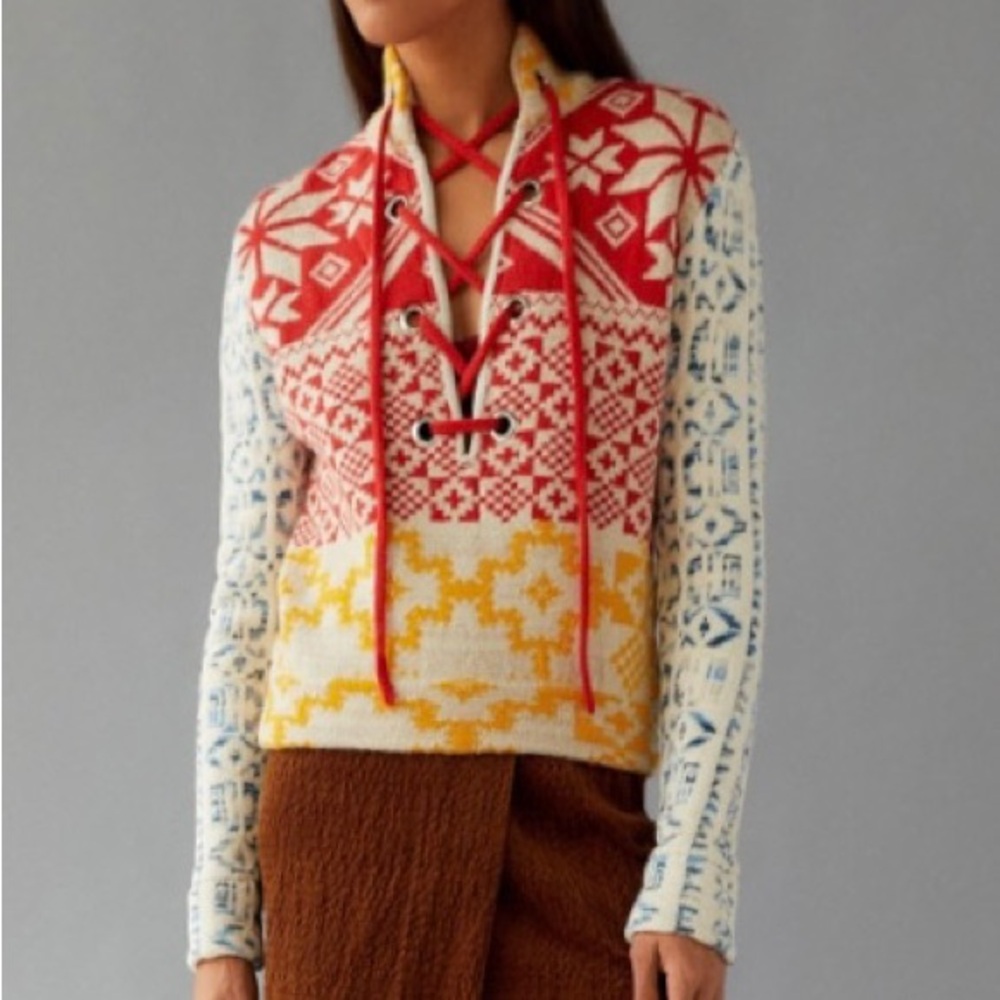 NWT BDG Rian Lace-Up Sweater in Multi Red Size M - Picture 2 of 14